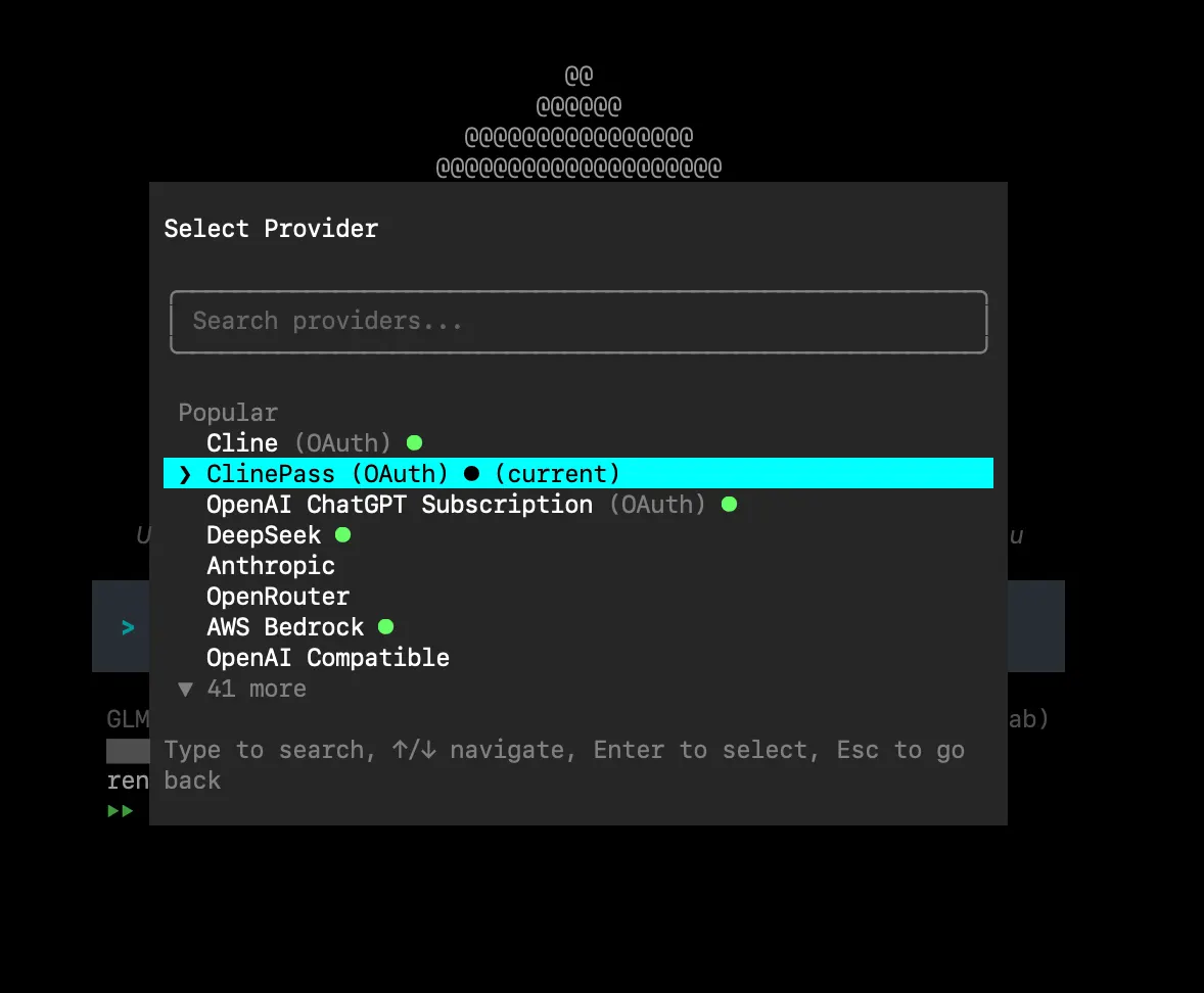 Cline CLI settings showing ClinePass selected as the provider