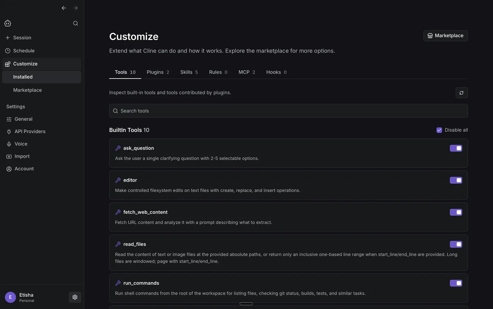 Cline Desktop Customize view showing tools, plugins, skills, rules, MCP servers, and hooks