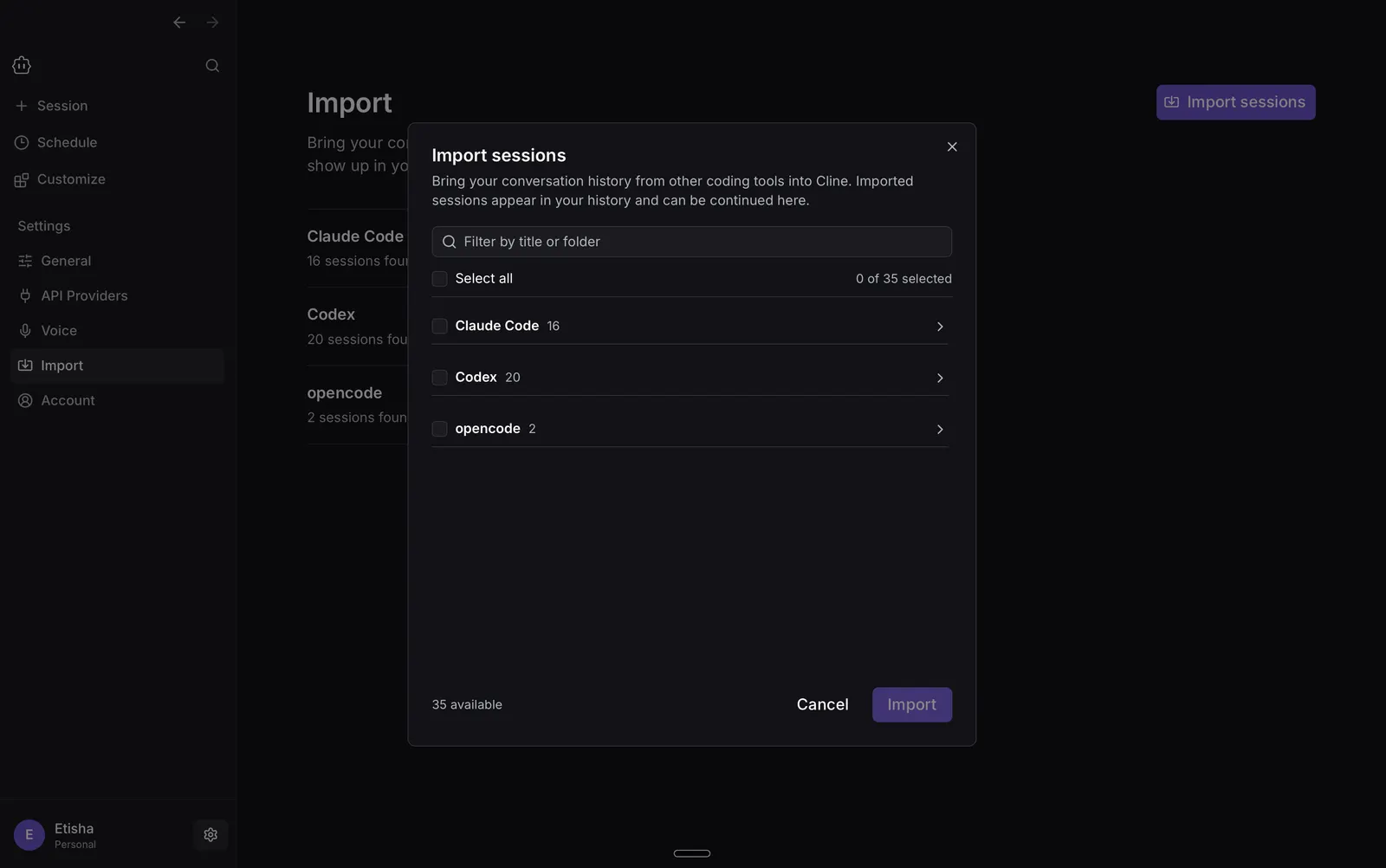 Cline Desktop import workflows screen showing supported conversations available for import