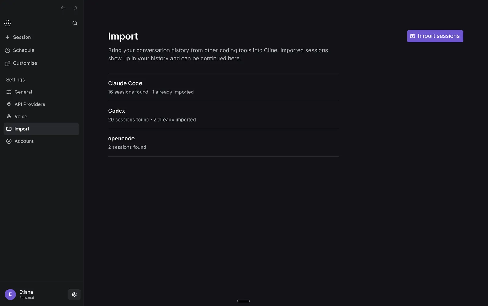 Cline Desktop import workflows screen showing supported conversations available for import