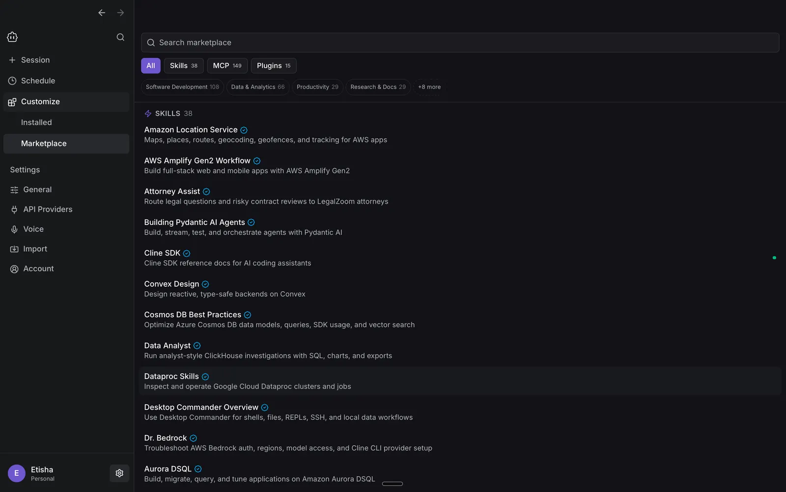 Cline Desktop Marketplace showing skills, MCP servers, plugins, search, and category filters