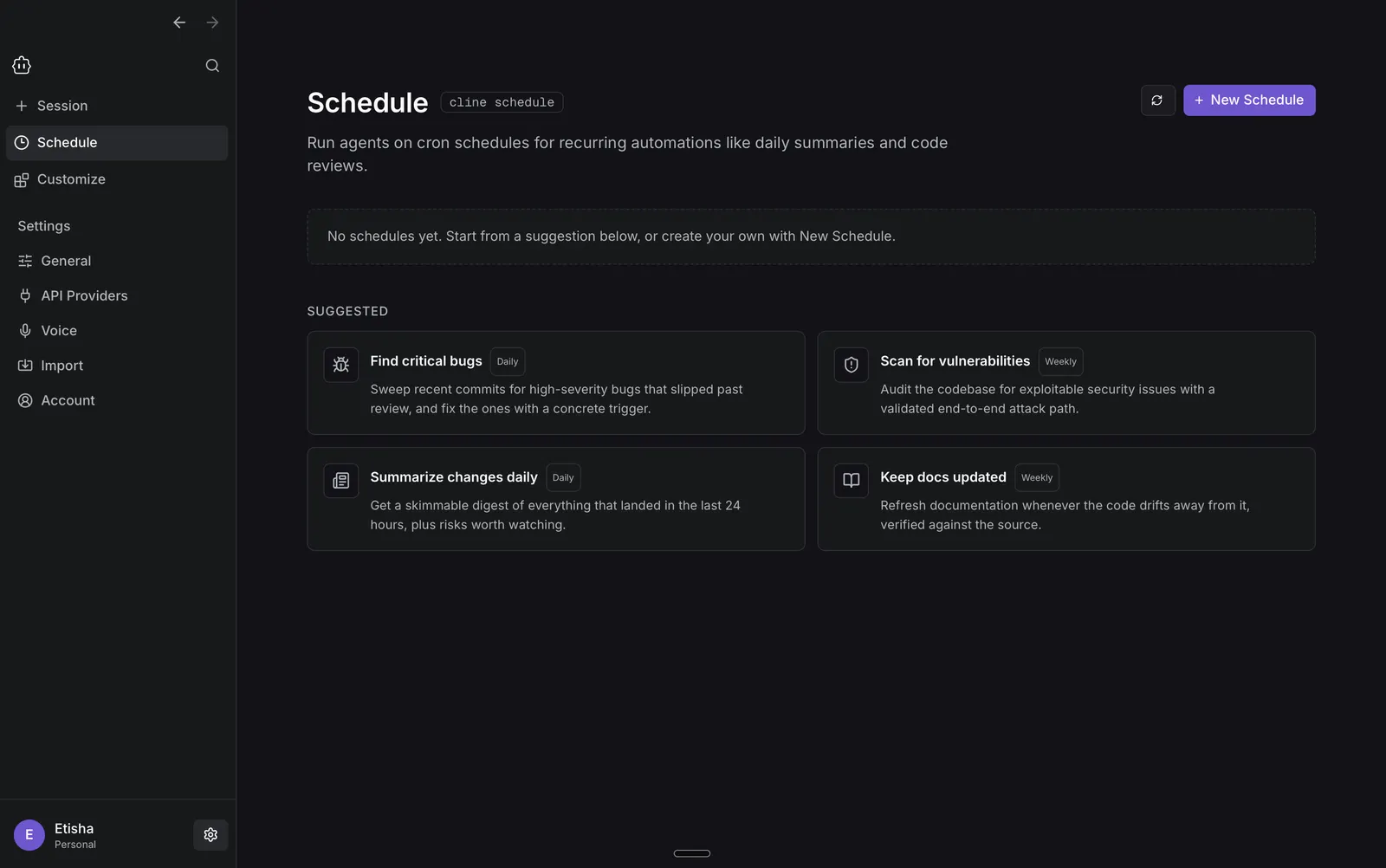 Cline Desktop Schedule page with the New Schedule button