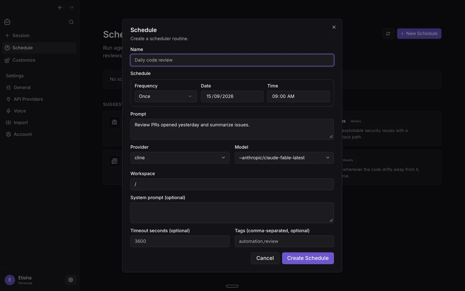 Cline Desktop schedule configuration showing timing, prompt, provider, model, workspace, and optional settings