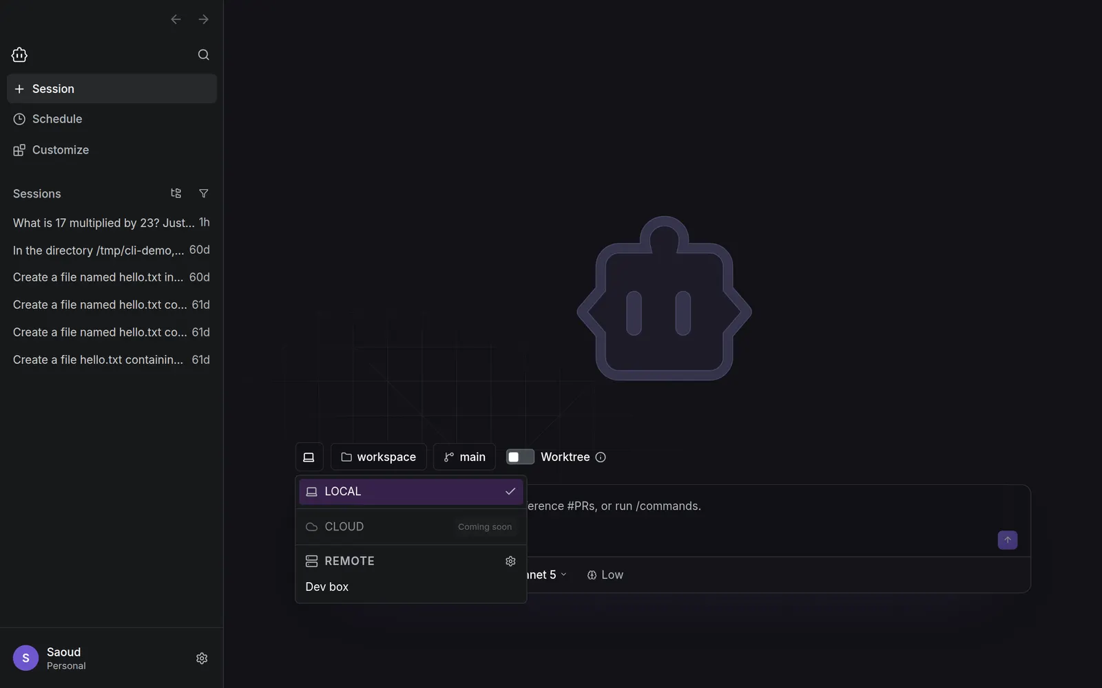 The environment selector in Cline Desktop listing Local, Cloud, and a saved SSH host