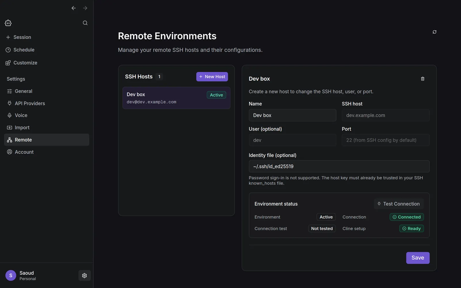 Cline Desktop Remote settings showing a saved host with a passed connection test