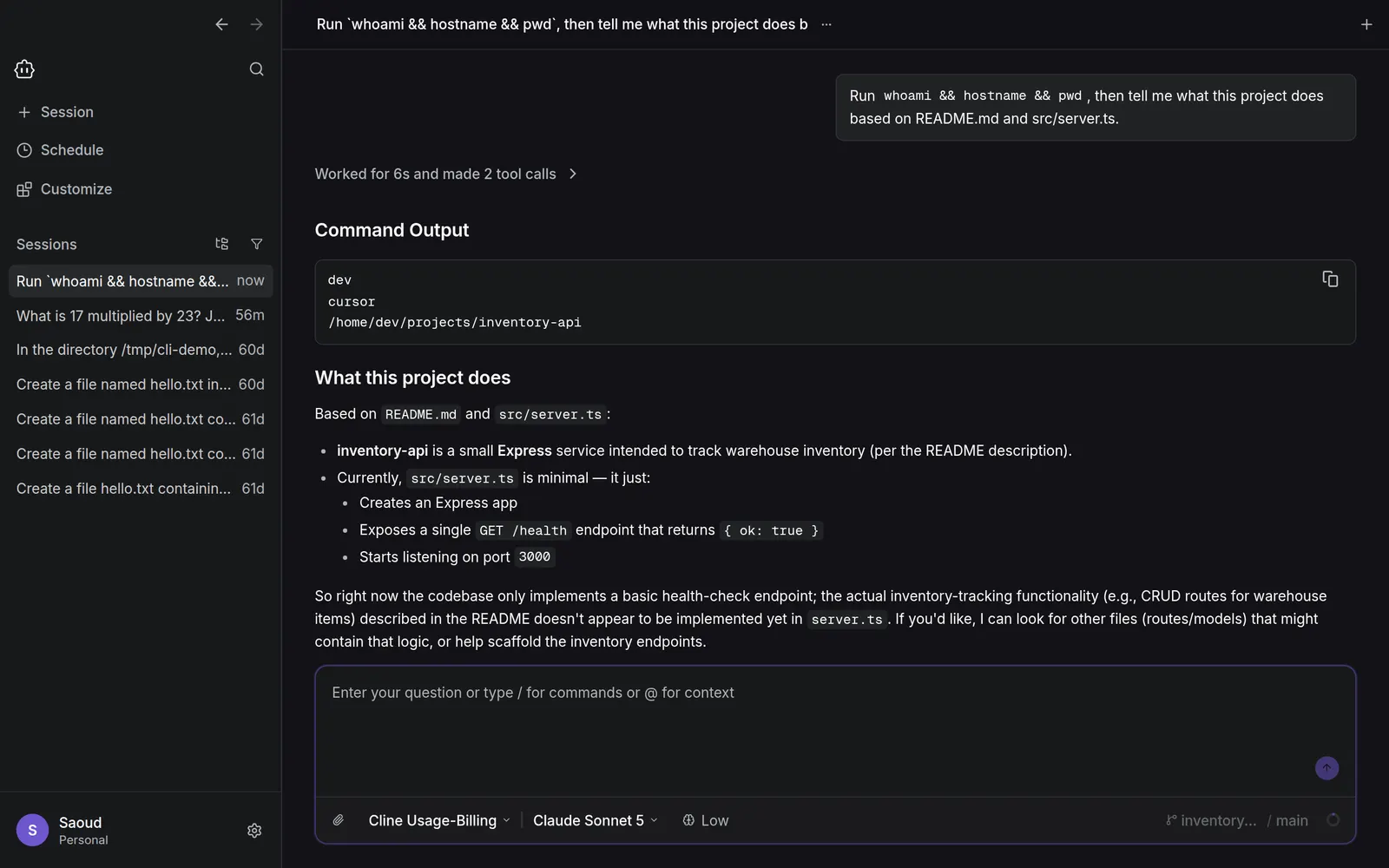 A Cline Desktop session on an SSH host where whoami, hostname, and pwd show the remote account and project directory