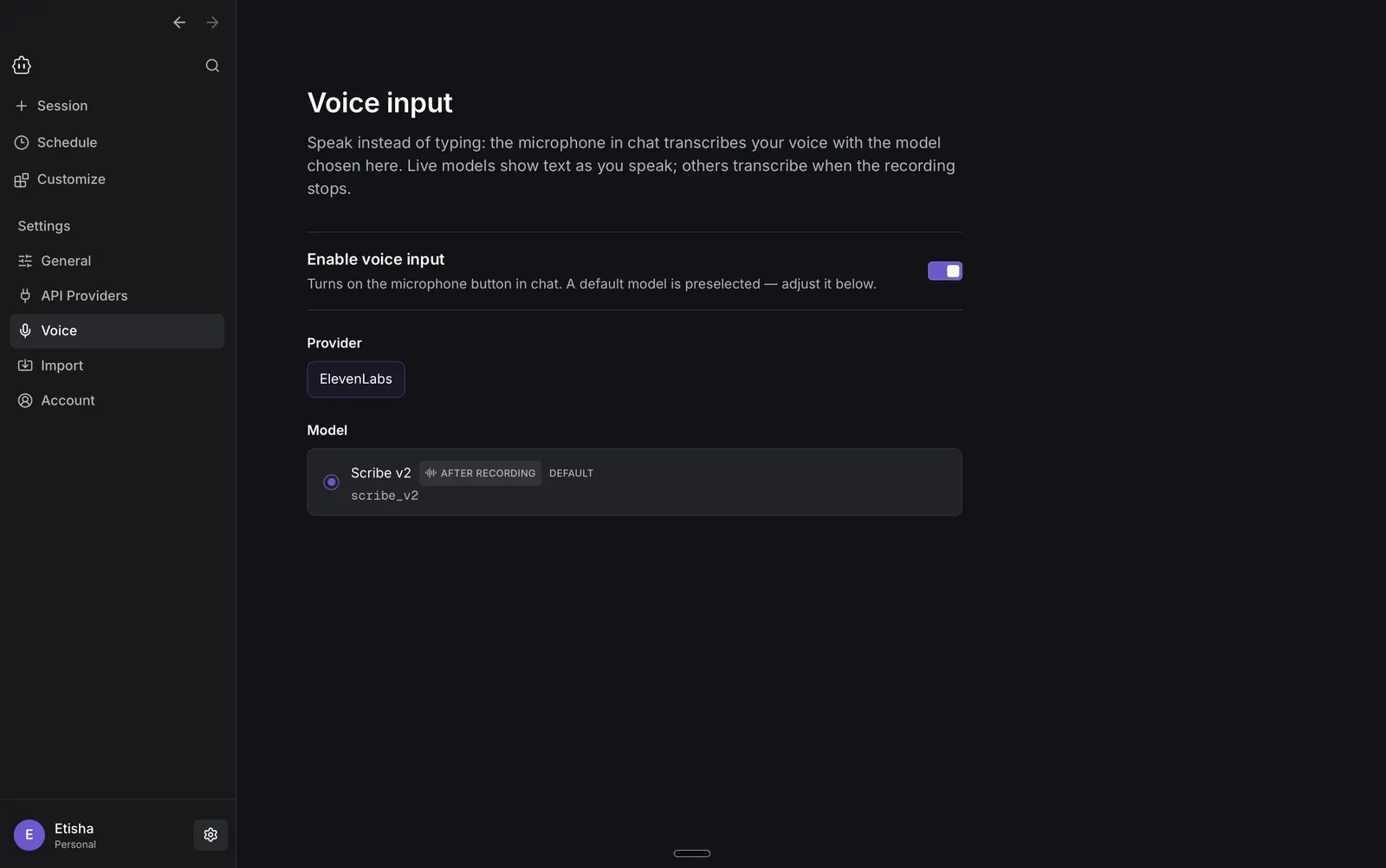 Cline Desktop Voice settings showing voice input enabled with a provider and transcription model selected