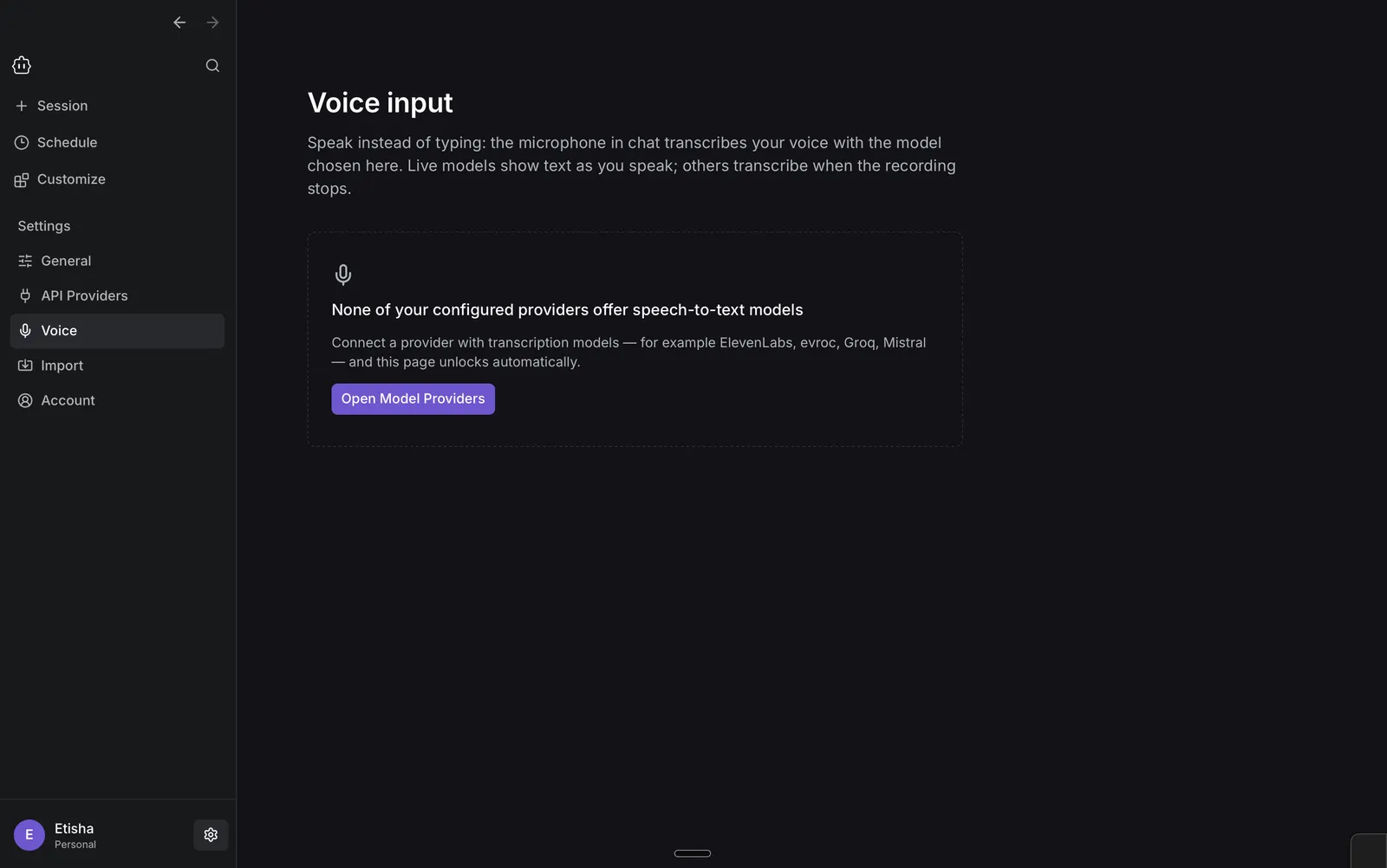 Cline Desktop Voice settings showing the Open Model Providers button