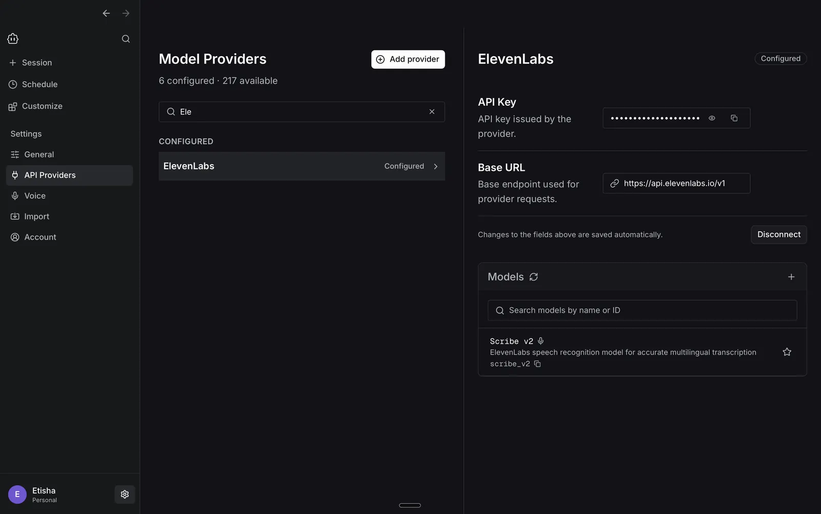 Cline Desktop API Providers settings showing a transcription provider being configured