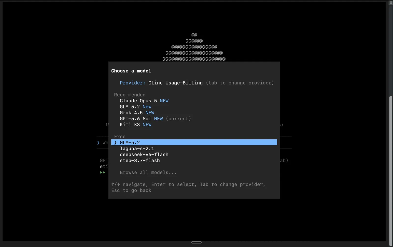 Free models listed under the Cline provider in the Cline CLI