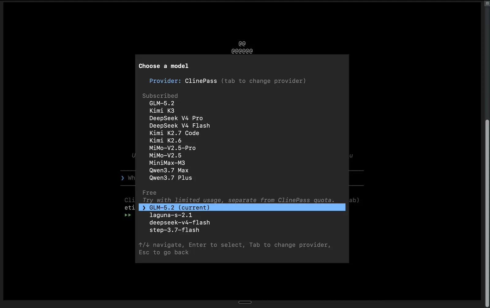 Free models listed under the ClinePass provider in the Cline CLI