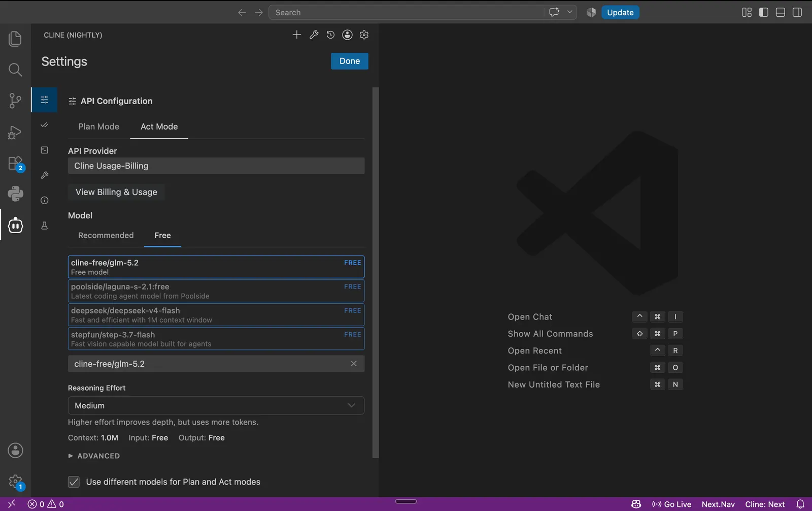 Free models listed under the Cline provider in VS Code