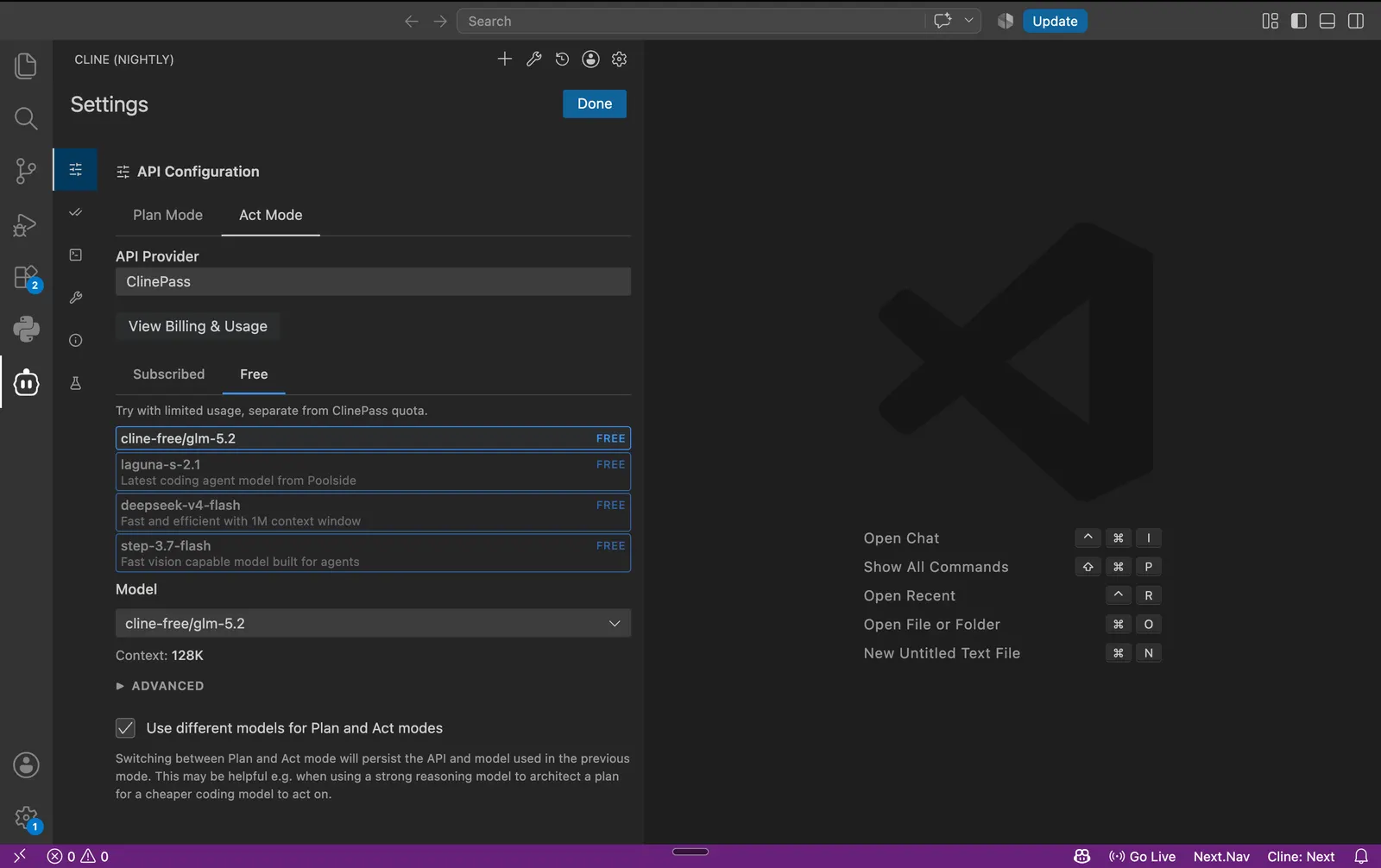 Free models listed under the ClinePass provider in VS Code