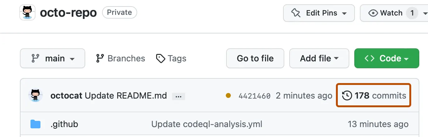 Screenshot of the main page for a repository. A clock icon and "178 commits" is highlighted with an orange outline.