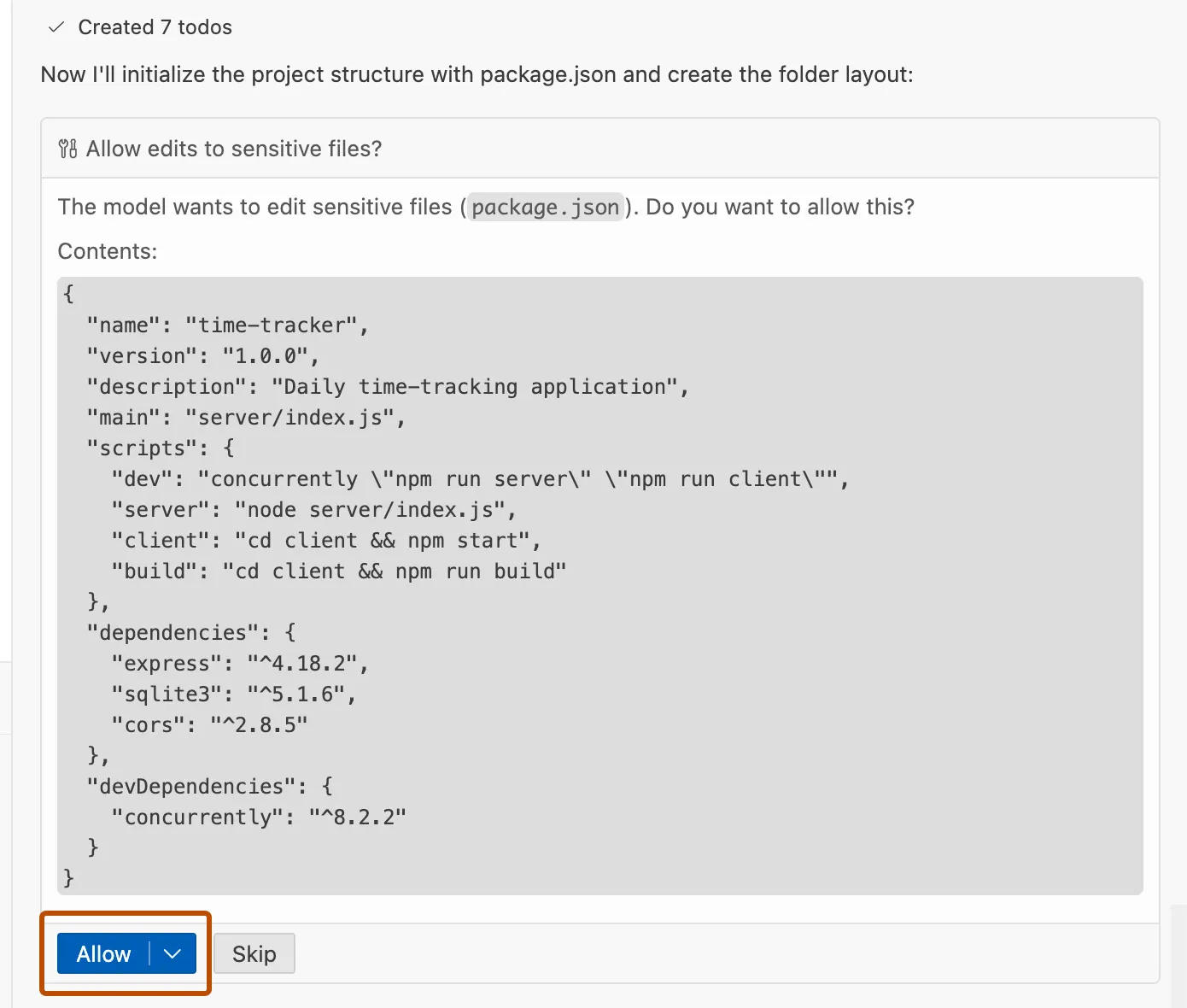 Screenshot of Copilot in VS Code asking for permission to edit a sensitive file. The "Allow" button is highlighted.