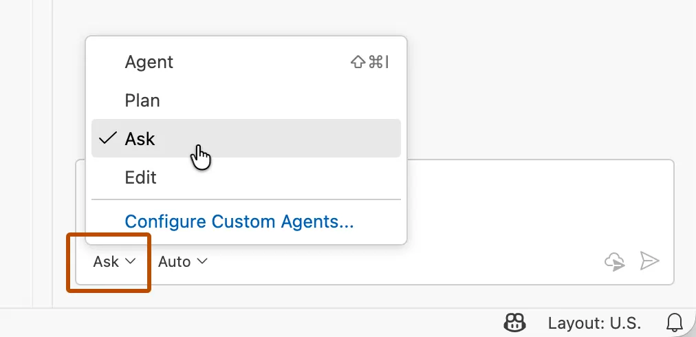 Screenshot of "Ask" being selected in the mode picker at the bottom of chat view.