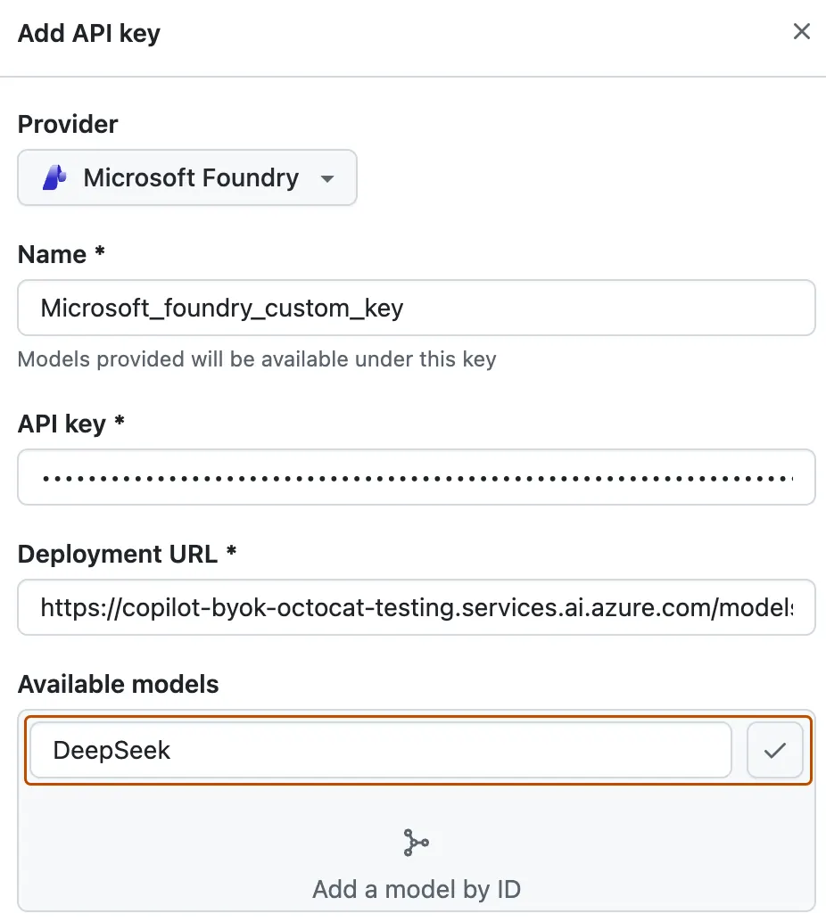 Screenshot of the "Add API key" form. The model text field and "Add model" button is highlighted with an orange outline.