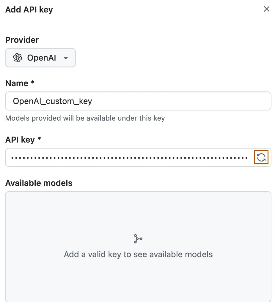 Screenshot of the "Add API key" form. The "Fetch new models" button is highlighted with an orange outline.