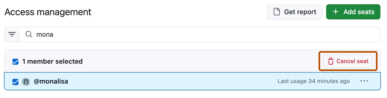 Screenshot of the Access management section, with a user selected and the 'Cancel seat' button highlighted.