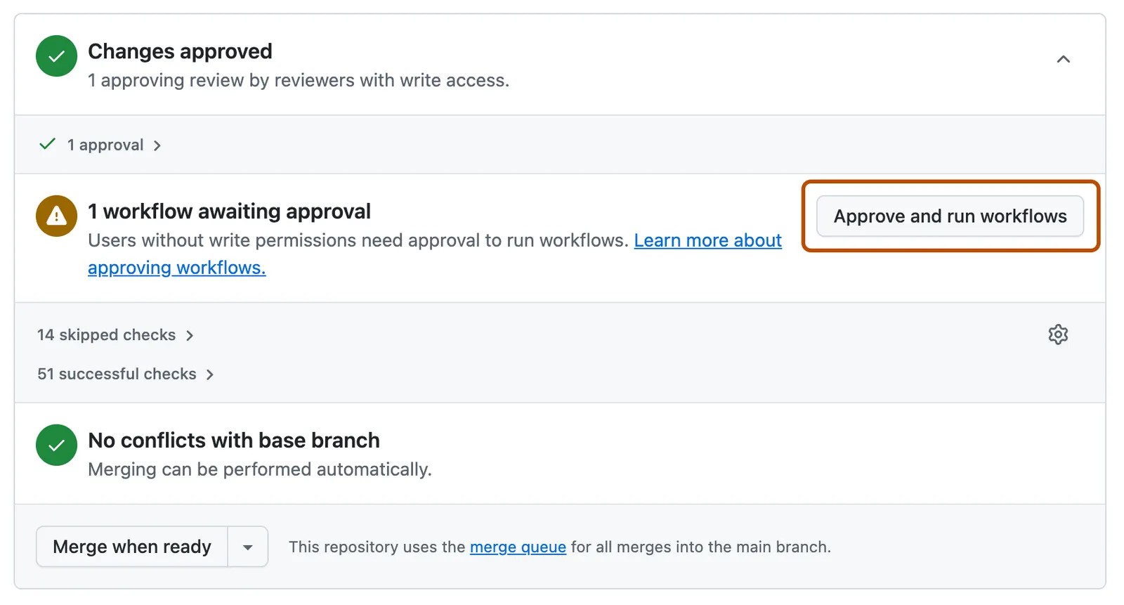 Screenshot of the merge box on a pull request from Copilot with the "Approve and run workflows" button.