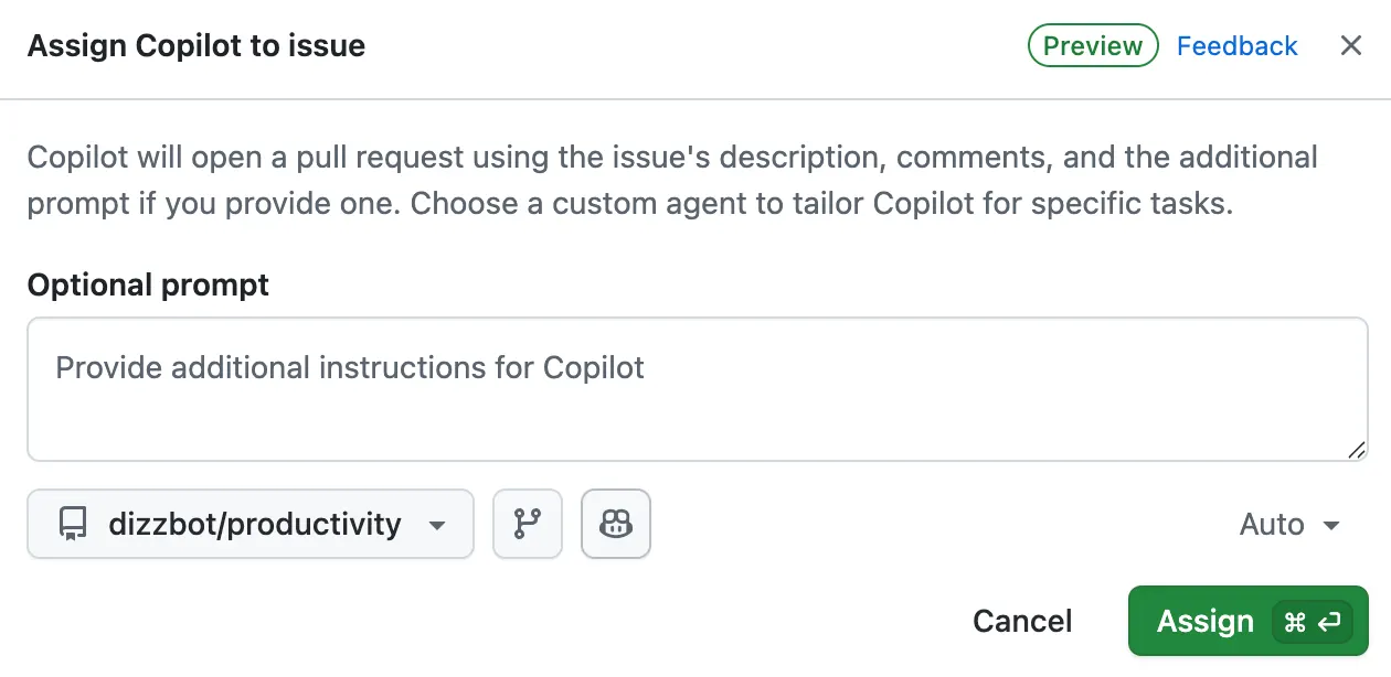 Screenshot of "Assign to Copilot" dialog showing options for target repository, starting branch, custom agent, and additional instructions.