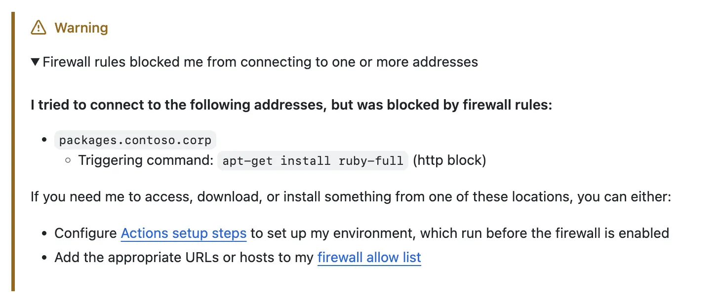 Screenshot of a warning from Copilot about being blocked by the firewall.
