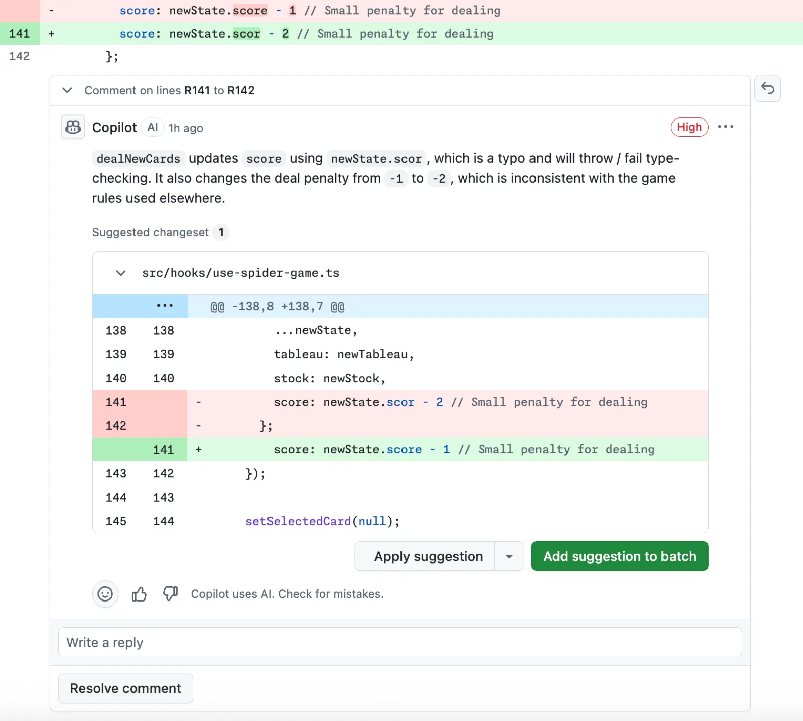 Screenshot of a code review left by Copilot.