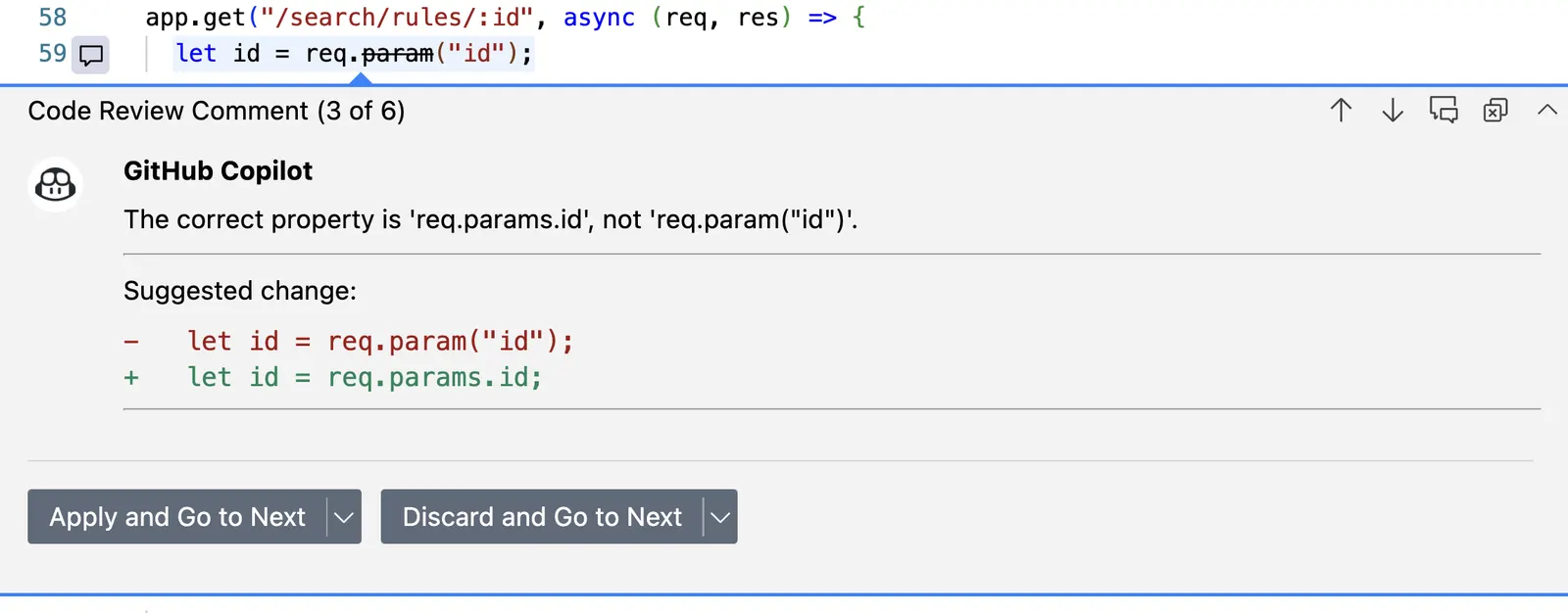 Screenshot of a comment from Copilot in Visual Studio Code with a suggested change.