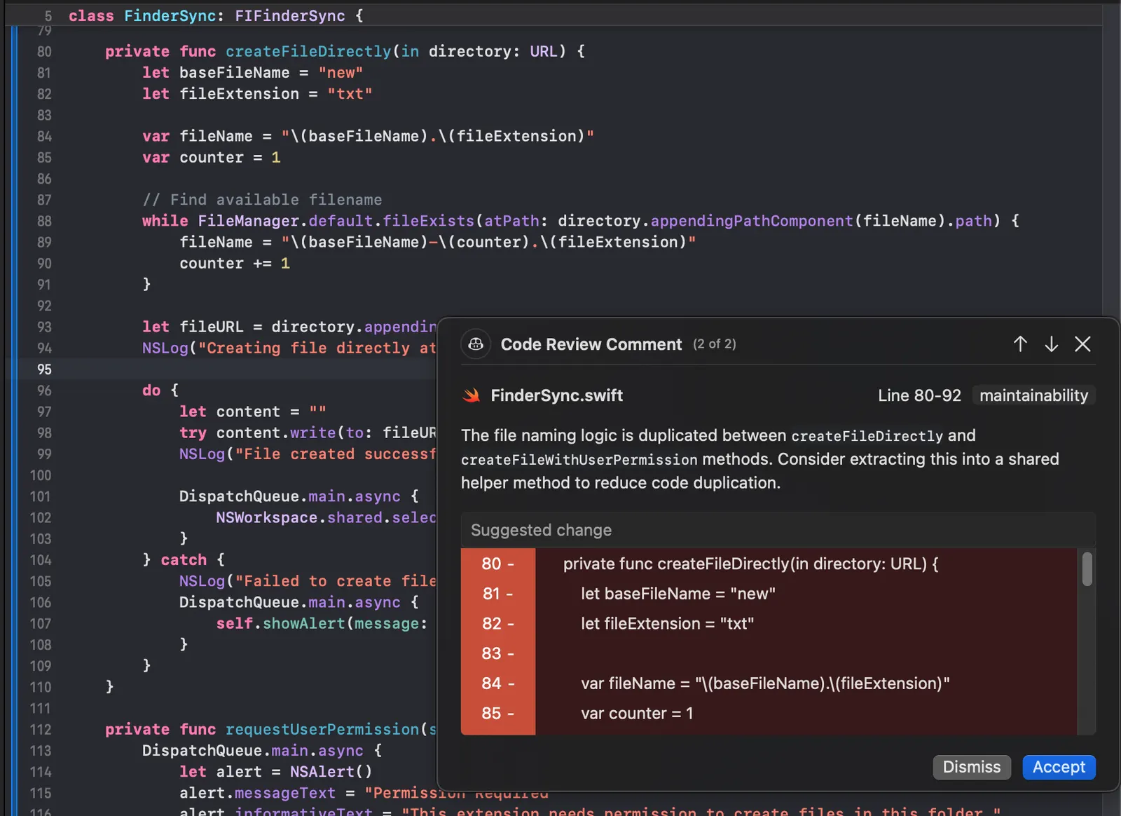 Screenshot of a Copilot code review review comment.