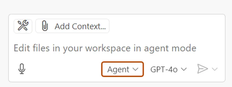 Screenshot of the Copilot Chat box in Visual Studio Code. The "Agent" option is outlined in dark orange.