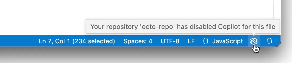 Screenshot of the Copilot icon in VS Code with a tooltip for a content exclusion.