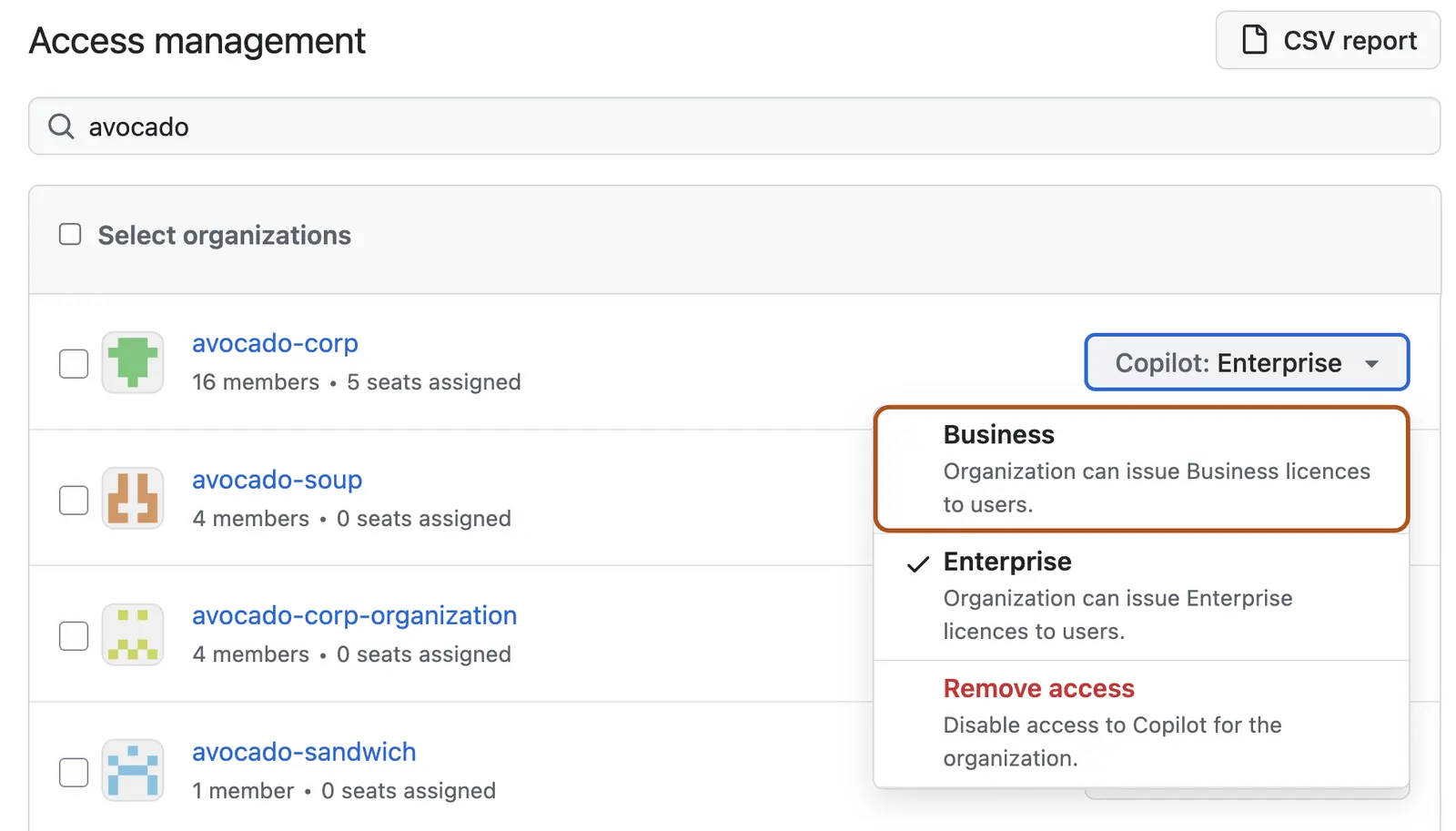 Screenshot of the Copilot "access management" page. A dropdown menu is selected, and a button labeled "Business" is outlined in orange.