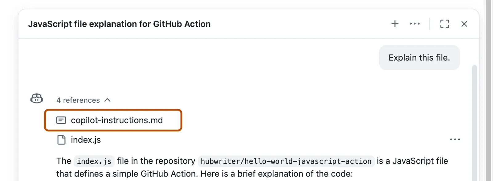 Screenshot of an expanded References list, showing the 'copilot-instructions.md' file highlighted with a dark orange outline.