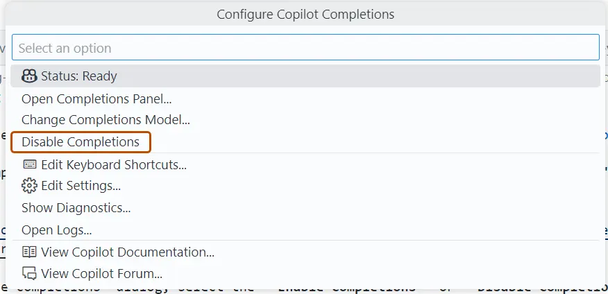 Screenshot of the "Configure Copilot Completions" dialog. Enable Completions and Disable Completions options are highlighted in orange.