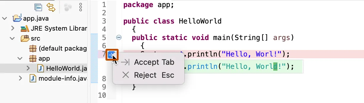 Screenshot of the gutter menu in Eclipse. The arrow is outlined in dark orange.