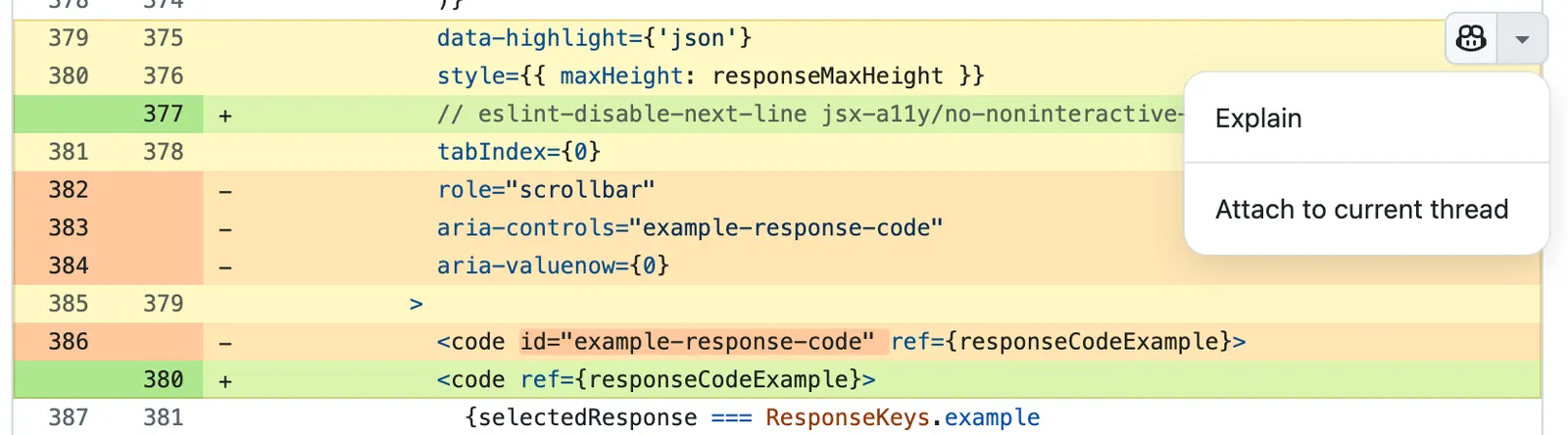 Screenshot of a pull request "files changed" tab. A selection of lines is highlighted and an "Explain" option is displayed in a dropdown.