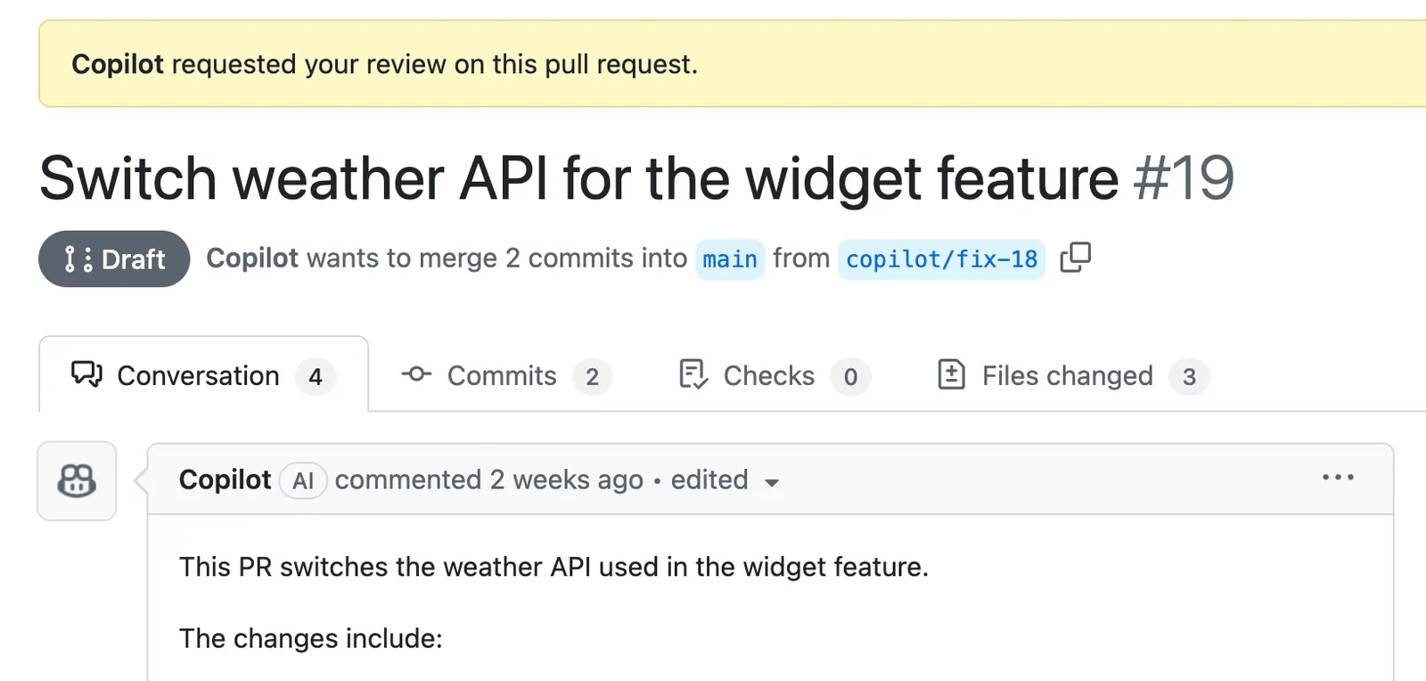 Screenshot of a pull request created by Copilot cloud agent.