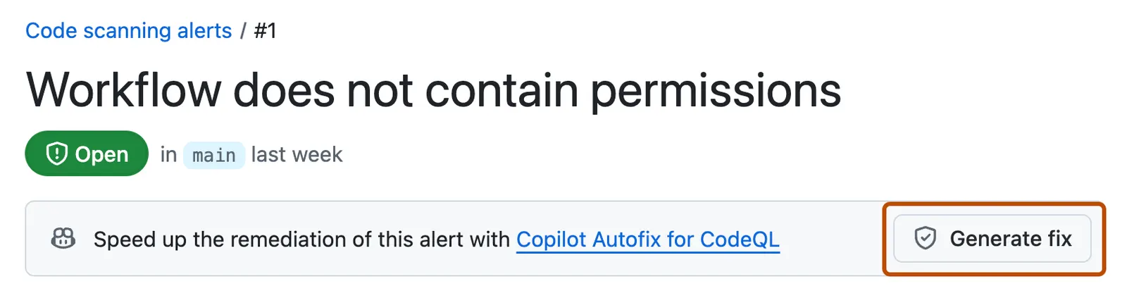 Screenshot of a code scanning alert on GitHub.com. A button labeled "Generate fix" is outlined in orange.