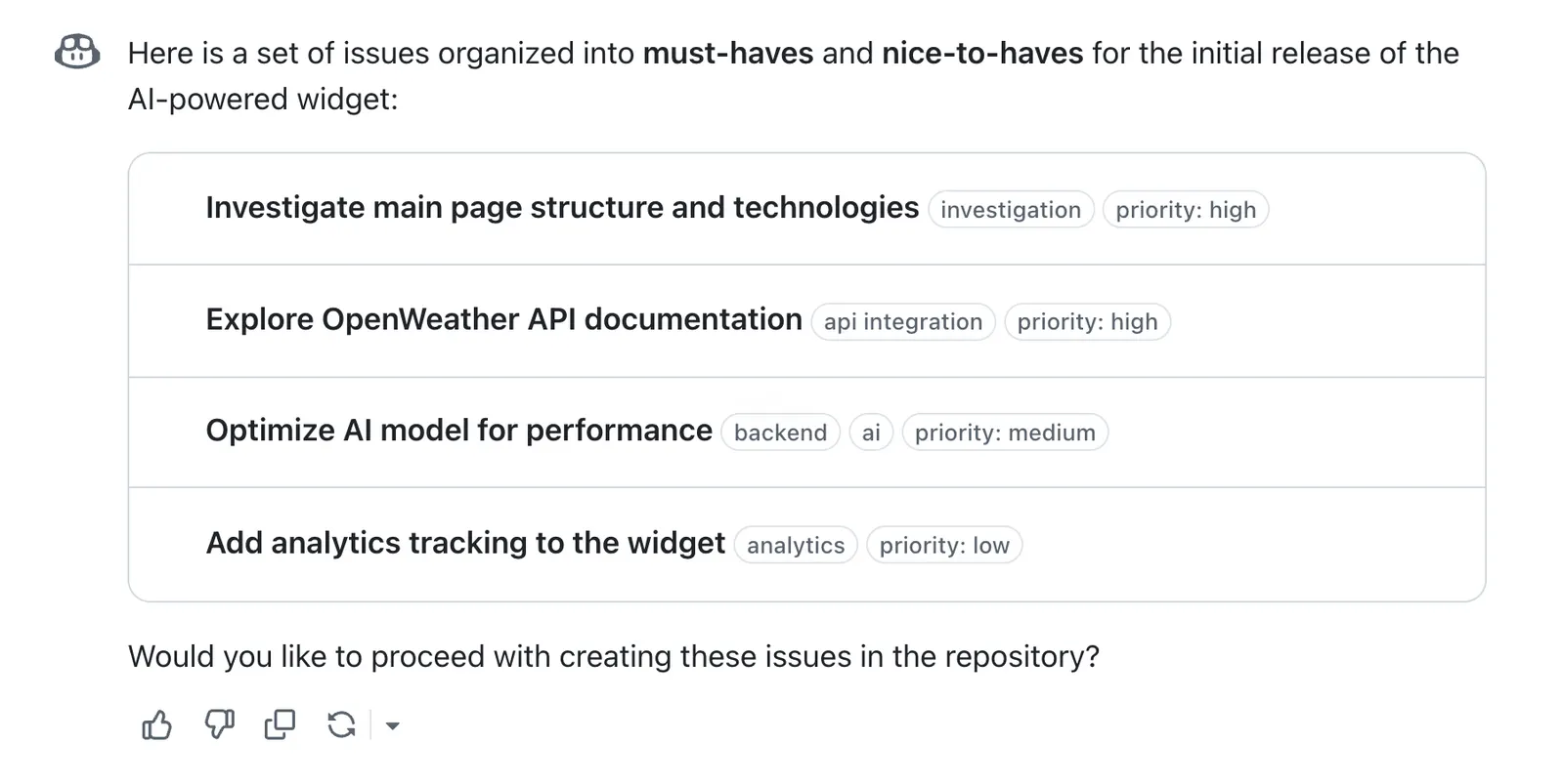 Screenshot of Copilot Chat. Copilot asks if the user would like to proceed with creating a set of prioritized issues.