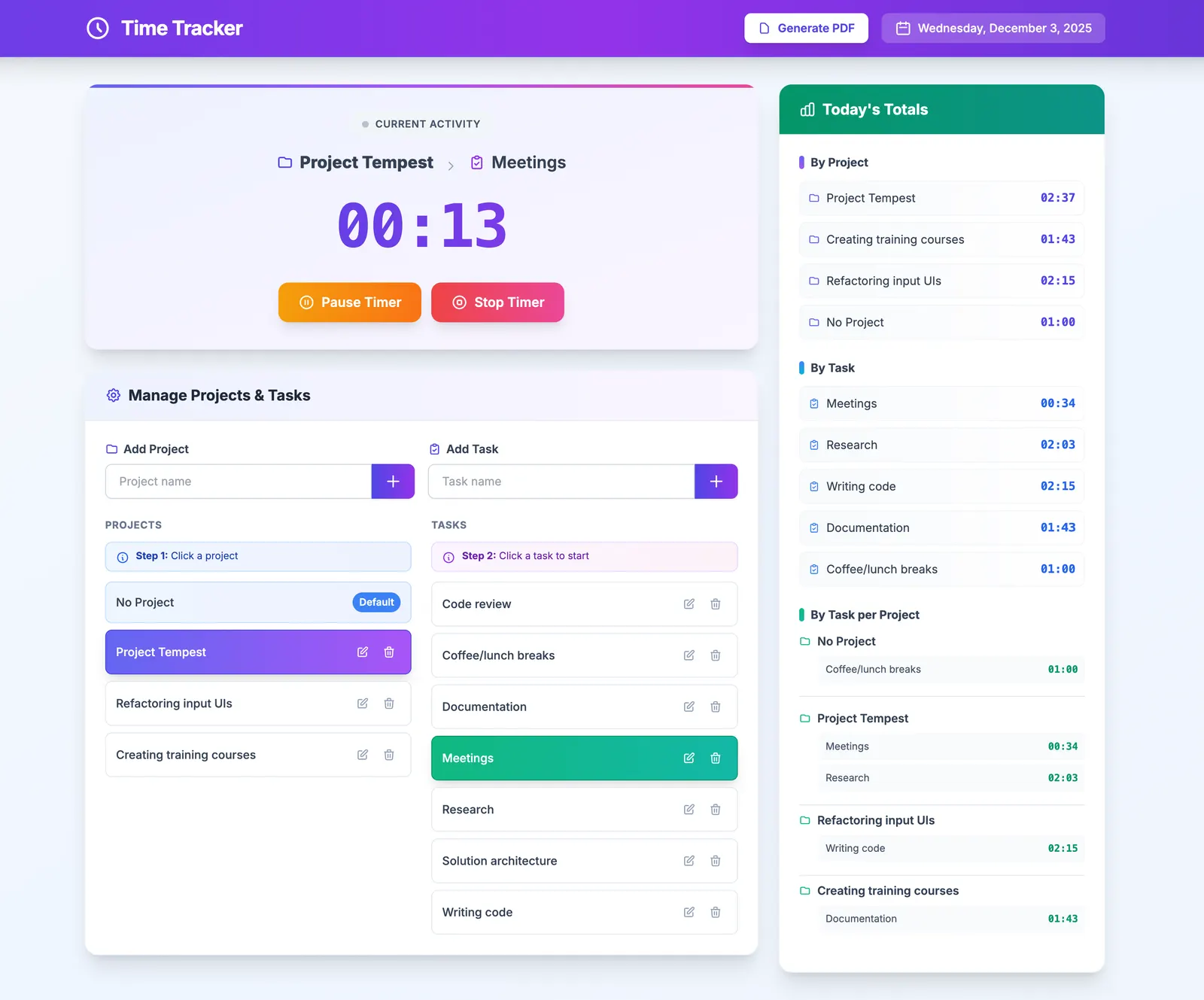 Screenshot an example of a time tracker app with data added by a user.
