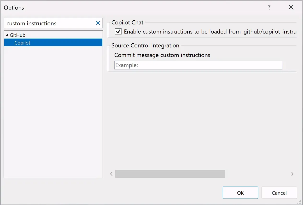 Screenshot of the Visual Studio Options dialog showing the "Enable custom instructions" option checkbox selected.
