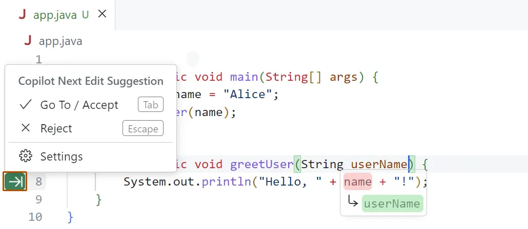 Screenshot of the gutter menu in Visual Studio Code. The arrow is outlined in dark orange.