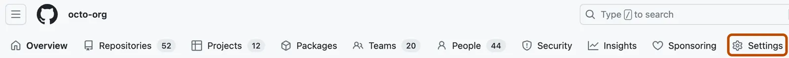Screenshot of the tabs in an organization's profile. The "Settings" tab is outlined in dark orange.