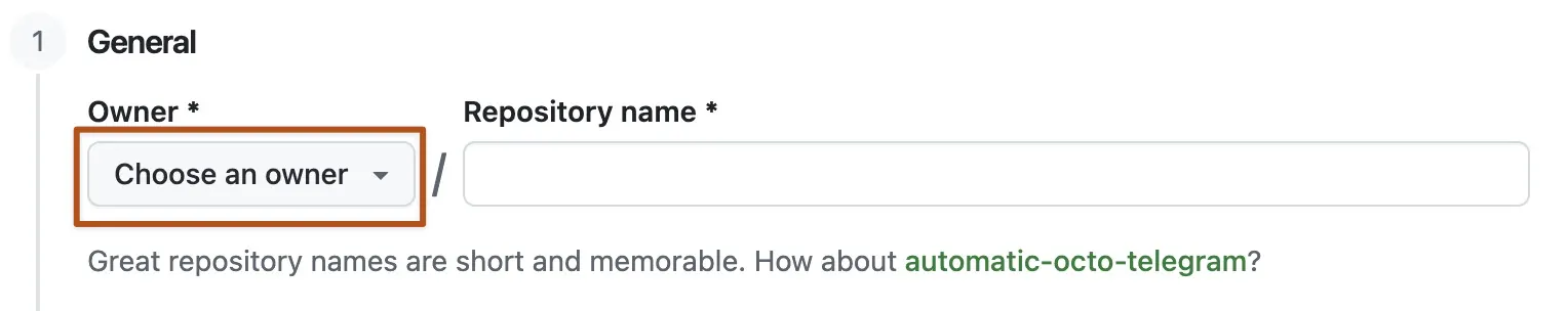 Screenshot of the owner menu for a new GitHub repository. The menu shows two options, octocat and github.