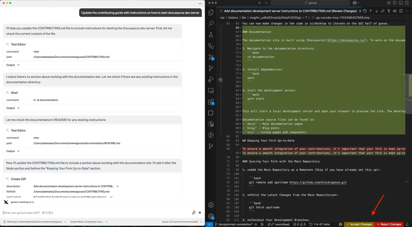 session showing goose making updates and VS Code prompting user to accept or reject changes
