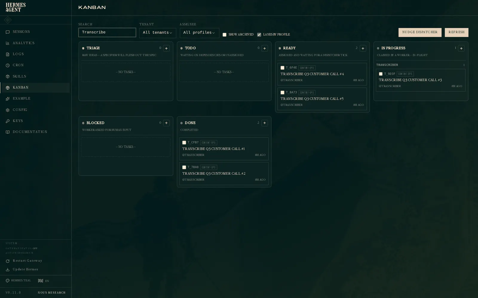 Fleet view filtered to transcribe tasks