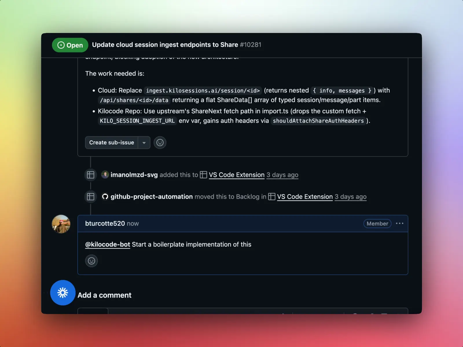 Asking @kilocode-bot to fix a GitHub issue