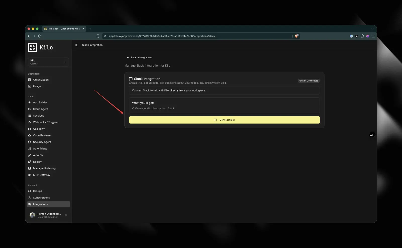 Kilo Integrations page where you install the Slack integration, step 2