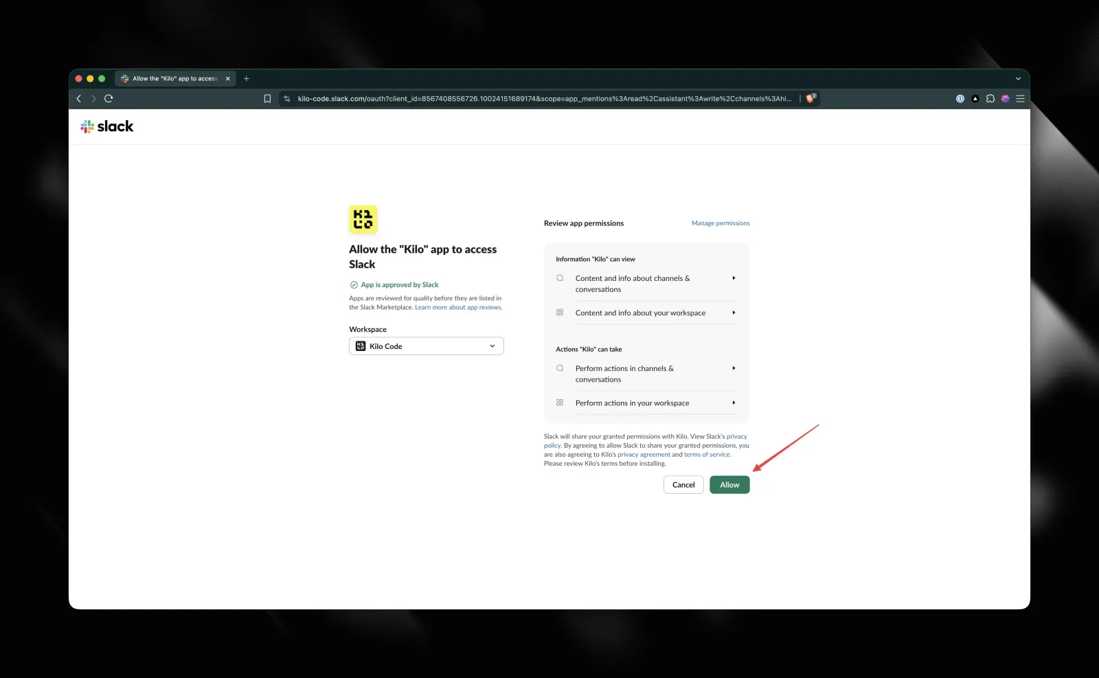 Slack OAuth authorization page