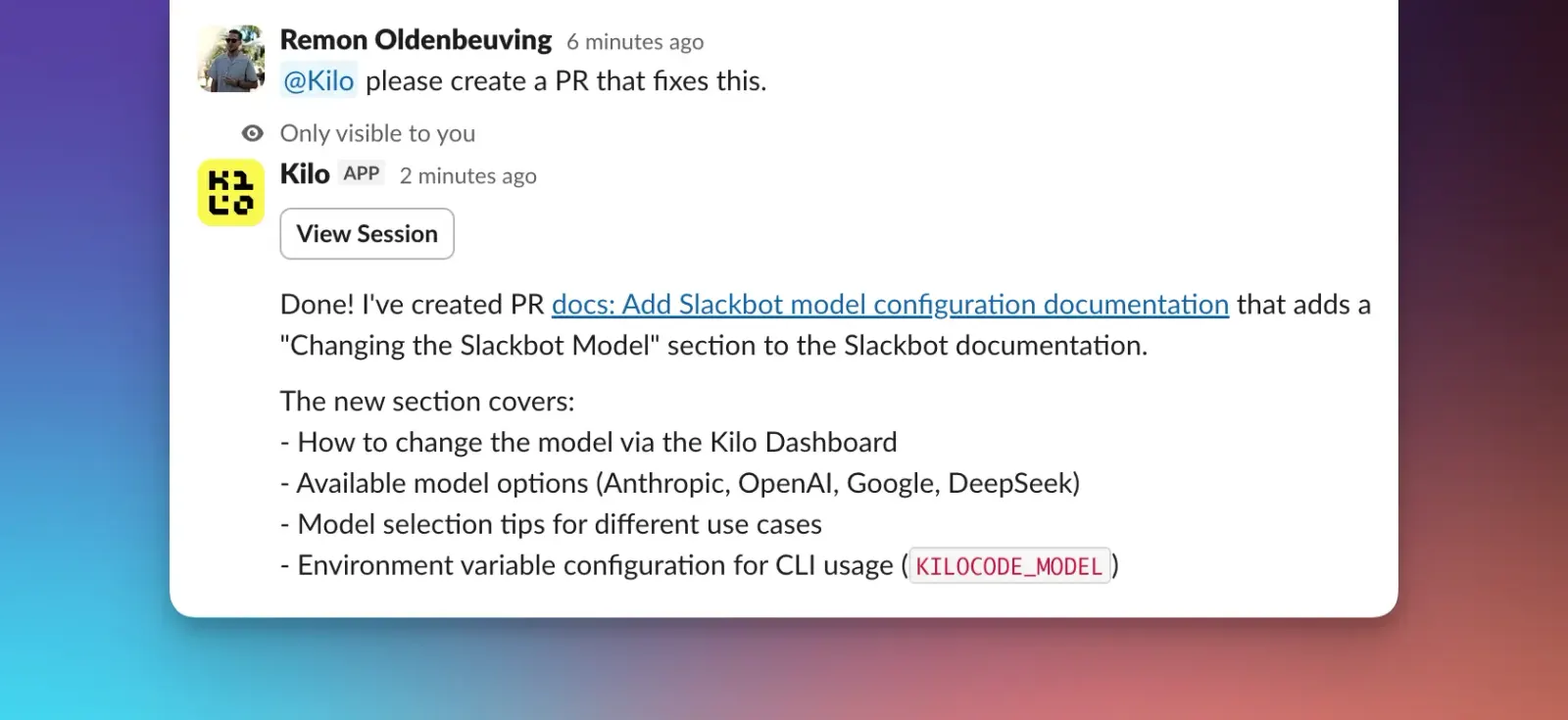 Kilo turning a Slack thread discussion into a pull request